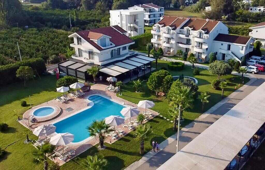 Resort Comfort - Long Beach seen from above, with the outdoor pool, garden and buildings in Ulcinj, Montenegro